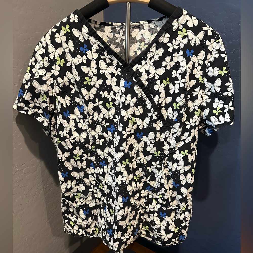 Butterfly Print Black Scrub Top